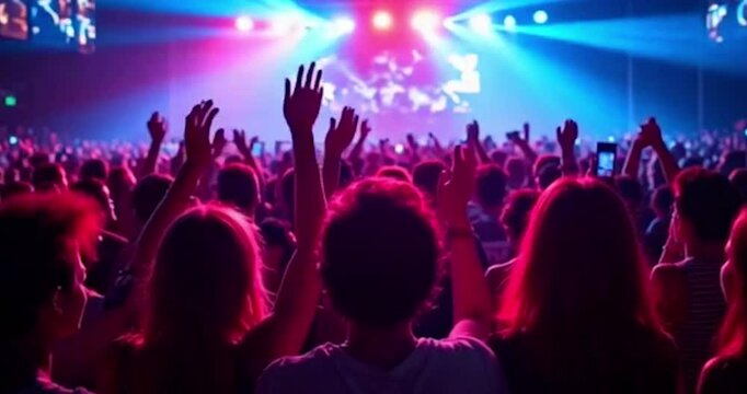 Concert crowd, illuminated by captivating lights, with fans raising their hands enjoying a live rock band performance at an outdoor music festival celebrating Christmas and Happy new year