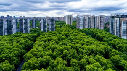 Fototapeta premium A serene green forest landscape blending into an urban city environment