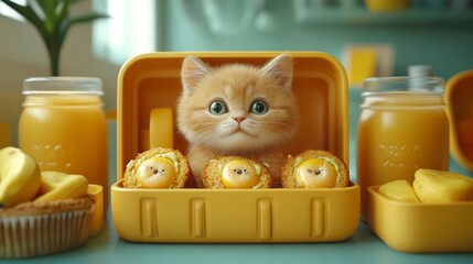 Adorable ginger kitten inside yellow lunchbox with cute treats and juice.