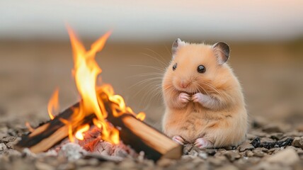 Cute hamster sitting near a warm campfire surrounded by twigs.