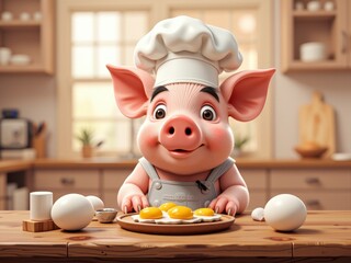 Adorable Pig Chef Preparing Sunny Side Up Eggs in a Kitchen Setting