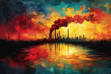 Vivid depiction of an industrial sunset with smoke rising over a reflective body of water