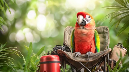 Colorful parrot perched on backpacks in a lush green setting.