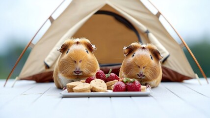 Two cute guinea pigs enjoying strawberries in a cozy tent setup.