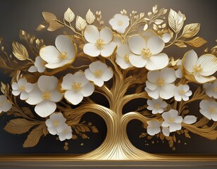 golden tree with white flowers luxury 3d floral design elegant wallpaper design decorative tree with rich gold color white petals flowers spread around luxury home decor art deco style modern