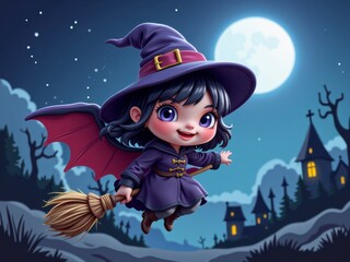 Fototapeta premium Adorable Little Witch Flying on a Broom at Night Halloween Scene Illustration