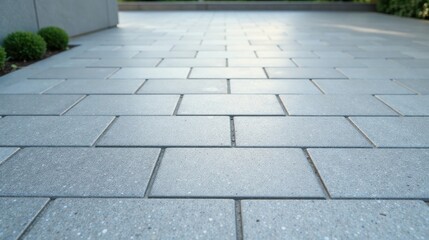 A Serene Perspective of a Newly Laid Light Grey Paver Stone Patio