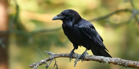 Fototapeta premium A beautiful raven perched gracefully on a branch in a serene forest. The striking black feathers shine against a blurred natural background, showcasing the elegance of wildlife.