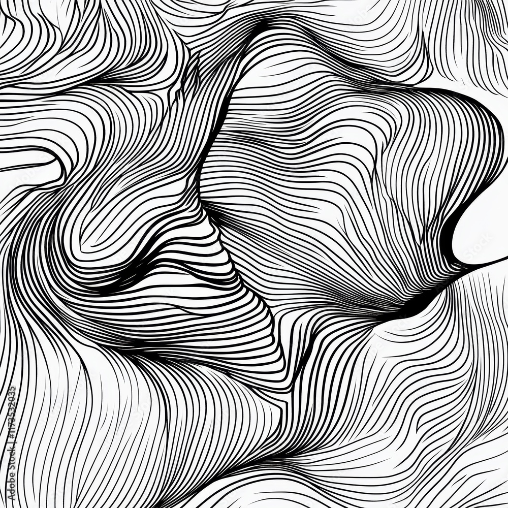 Poster intricate abstract line art featuring flowing curves and dynamic patterns in black and white, perfec