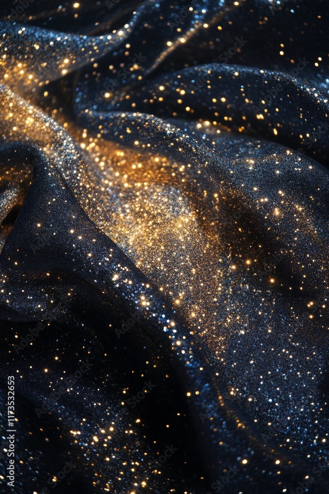 Poster a close-up view of a dark fabric covered in sparkling golden stars, creating a mesmerizing and luxur