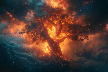 Majestic tree engulfed in flames illuminating the dark, starry night sky with vibrant colors