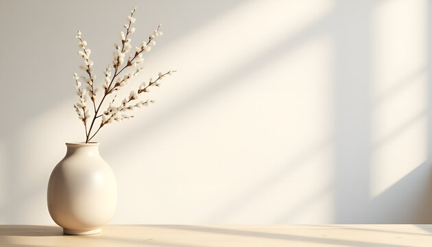 Minimalist vase with white flowers in serene interior setting and soft light
