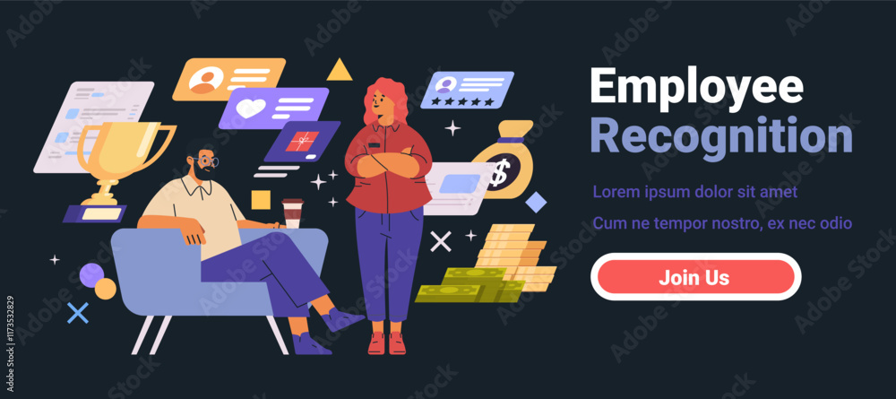 Aufkleber employee recognition concept with two characters trophy money and icons on dark background website o