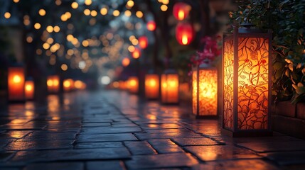 "A Pathway Illuminated by Warmly Glowing Lanterns Creating a Magical and Serene Ambiance