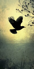 Fototapeta premium A serene silhouette of a bird in flight captures the beauty of nature at dusk, reflecting on still waters, highlighting tranquility and freedom in the scene.