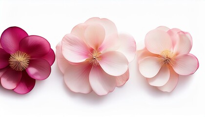 blush floral trio peachy petals with deep magenta centers petals softly overlapping in harmonious bloom isolated on white background or