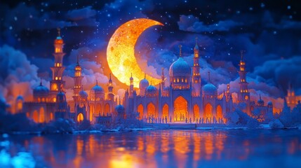 Obraz premium Night cityscape with crescent moon, illuminated mosques, and calm water reflection.