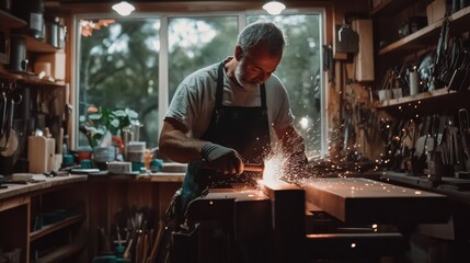 A skilled blacksmith works in a rustic forge, surrounded by tools and sparks, creating a sense of craftsmanship and traditional artistry.