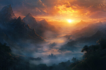 Fototapeta premium Enchanting fantasy landscape with majestic mountain peaks bathed in a warm, golden sunrise, casting ethereal light over a mysterious foggy valley with a distant castle. 