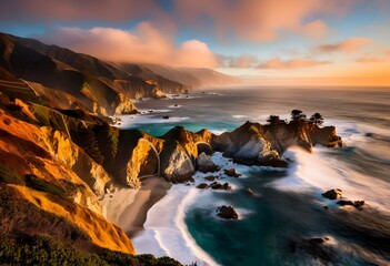 Big Sur Cliffs and Waves at Sunset