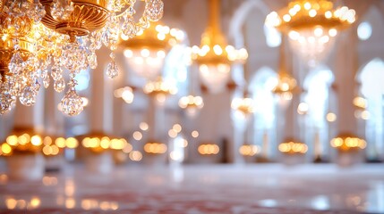 Close-up of a crystal chandelier in a grand hall with blurred background.