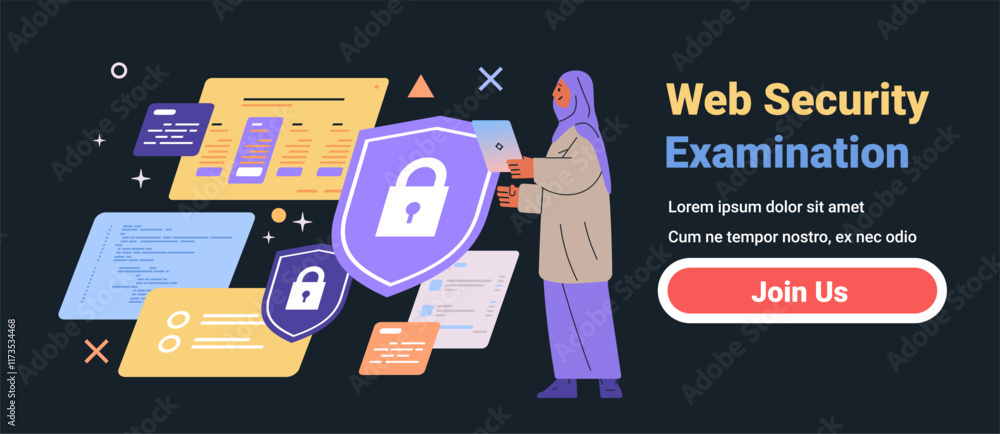 Poster web security examination concept with woman holding tablet surrounded by floating security shields a