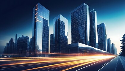 Fototapeta premium Modern Cityscape Featuring Sleek Glass Skyscrapers and Fast Moving Traffic