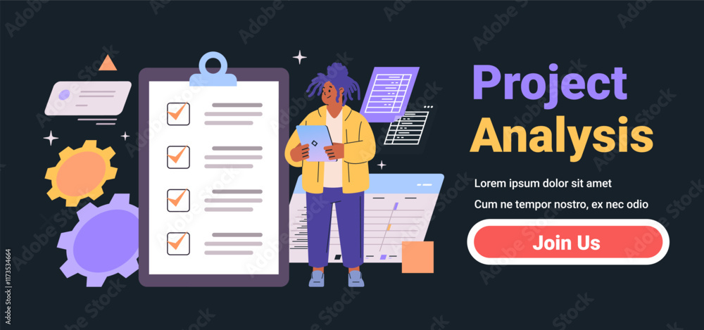 Poster project analysis concept with a person holding a tablet surrounded by checklist clipboard gears and 