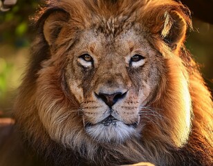 Fototapeta premium majestic lion resting with calm expression detailed fur texture illuminated by soft light bold and serene focus natural and majestic composition