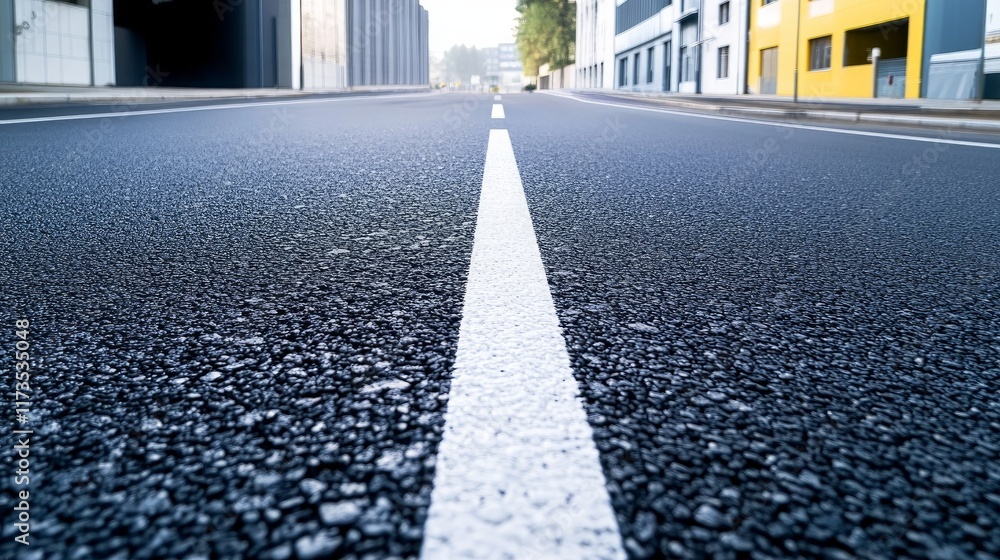Poster asphalt highway seamlessly transitioning into an urban environment with buildings in the distance