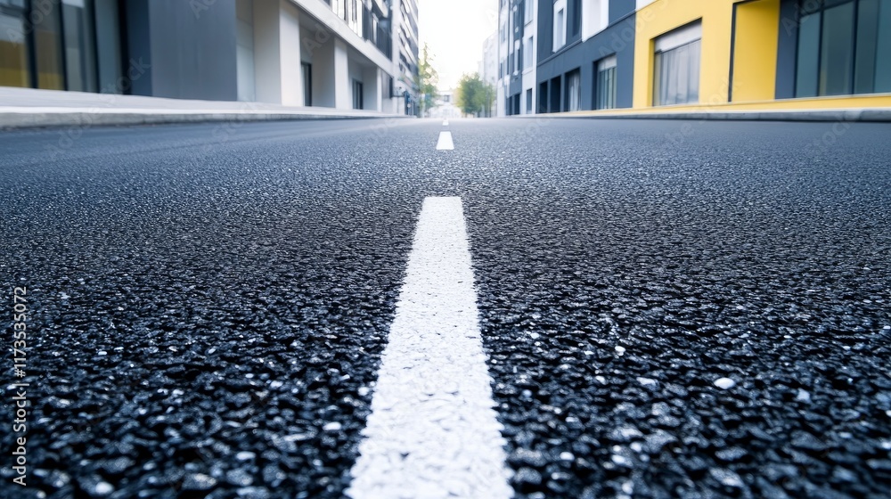 Poster asphalt highway seamlessly transitioning into an urban environment with buildings in the distance