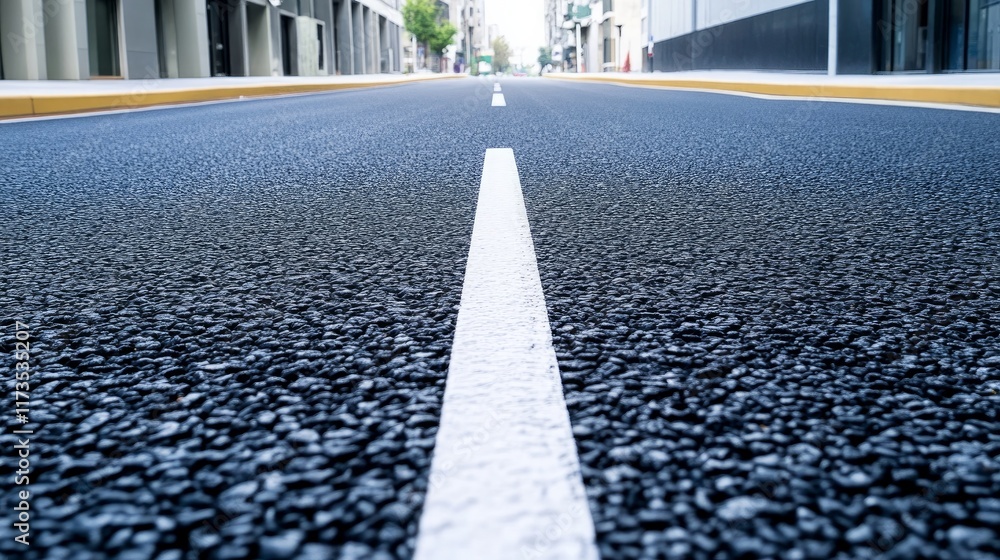 Poster asphalt highway seamlessly transitioning into an urban environment with buildings in the distance