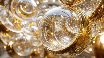 Abstract gold and clear spheres, swirling liquid, luxury background.