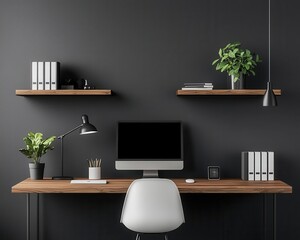 Contemporary workspace featuring walnut bookshelves, a stylish wooden desk, and hightech devices, smart and charming concept