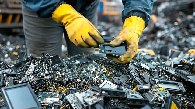 A worker wearing gloves and safety gear carefully sorts through a pile of discarded electronics, with dismantled devices and cables scattered across the disposal center