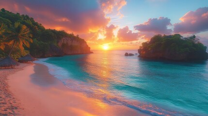 Vibrant sunset over tropical beach with palm trees and turquoise ocean.