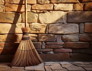 vintage broom made of natural materials stands against a textured stone wall in soft sunlight
