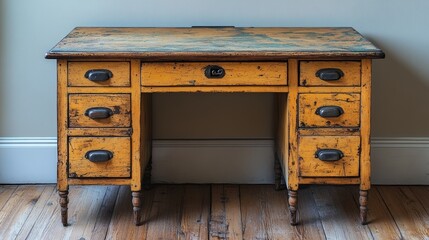 Antique yellow wooden desk with multiple drawers on hardwood floor.