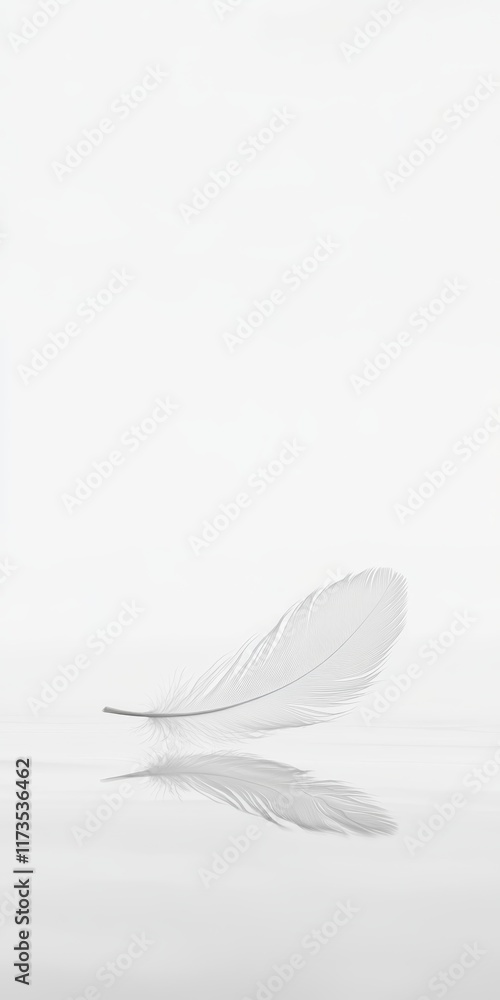 Poster a delicate white feather rests on a reflective surface, creating a serene and minimalist composition