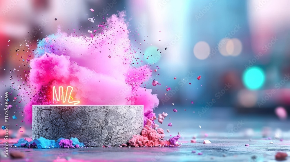 Poster a vibrant explosion of colored powder bursts from a concrete surface, creating a dynamic and colorfu