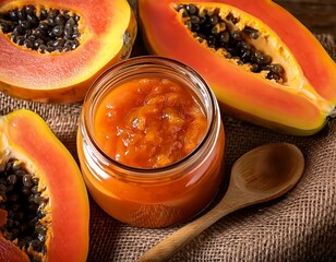 a rustic papaya jam jar surrounded by fresh papayas and a wooden serving spoon on a burlap surface