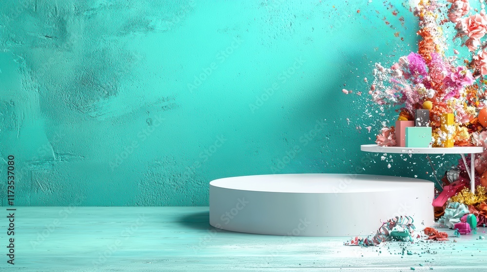 Poster a vibrant scene featuring a circular display platform against a teal background, adorned with colorf