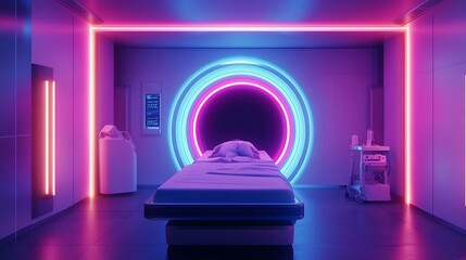 A futuristic medical chamber with rgb lights scanning patients