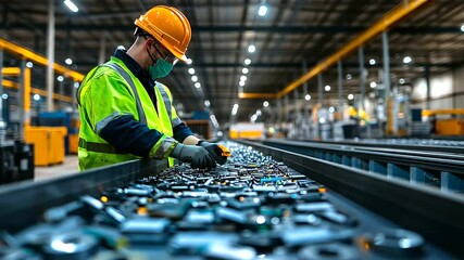 A large disposal center with conveyor belts moving electronics, as a worker sorts batteries and cables into separate bins under a high industrial ceiling - Powered by Adobe