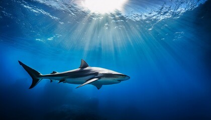 Fototapeta premium a serene underwater scene features a solitary shark gliding through deep blue waters illuminated by soft rays of light from above ideal for marine life articles conservation campaigns