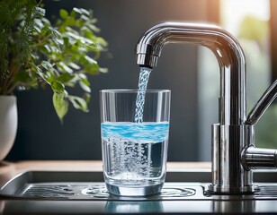 capturing a modern water tap filling a glass with purified water up close concept modern water tap filling glass purified water close up shot technology in everyday life