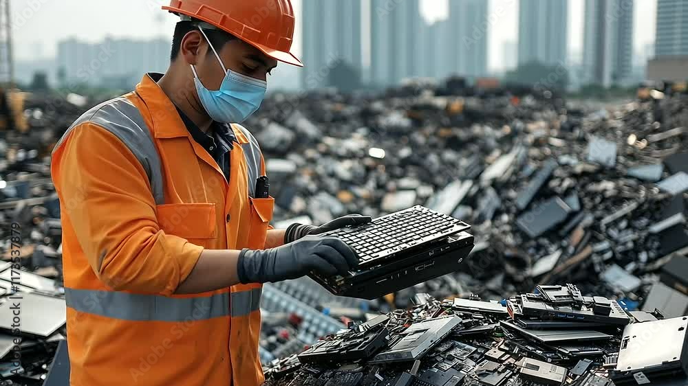 Poster a worker uses a scanning device to identify recyclable components from a discarded laptop, with rows