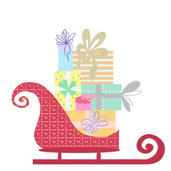 Figured sleigh with colorful gift boxes on a white background