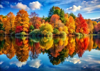 Serene Autumn Reflection: Trees Mirrored in Calm Water - Stock Photo