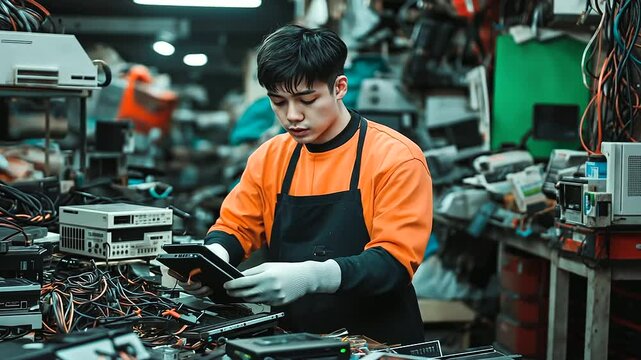 A worker in an industrial apron sorts discarded smartphones, with a background of old gaming consoles, DVD players, and tangled cords stacked high